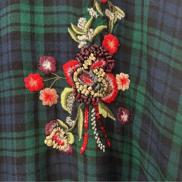 Womens XL Plaid Floral Embroidered Embellished Button Up Shirt Holiday Festive - Picture 3 of 9